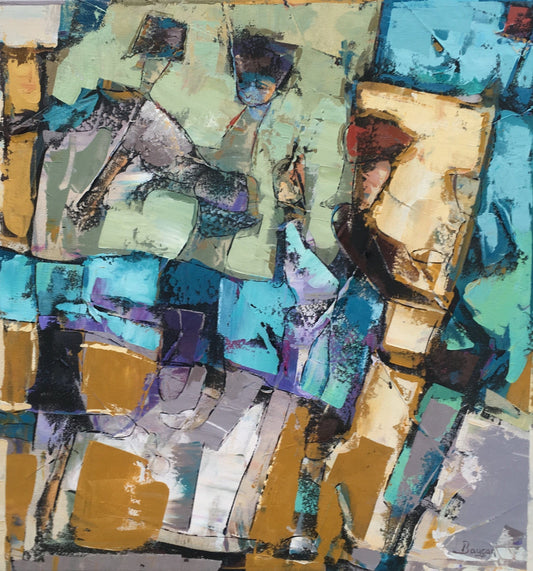 Bauçan Oeuvre original - Peinture 35.5x33.5 La femme portant son amour dans un foulard de nuages