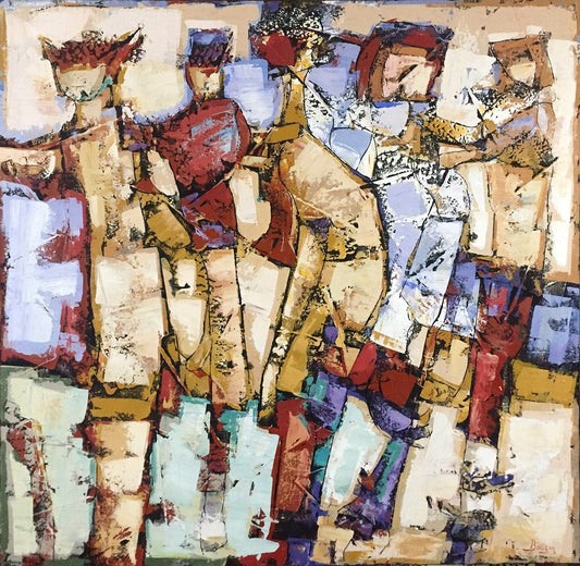 Bauçan Oeuvre original - Peinture 42x42 Promenade dans un monde de chats géants