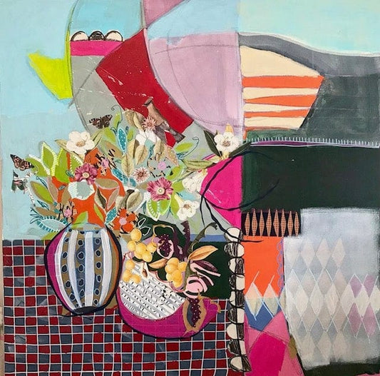 Chantal Poirier Oeuvre original - Techniques mixtes 36x36 La fenêtre ouverte laissa entrer les papillons et l’oiseau