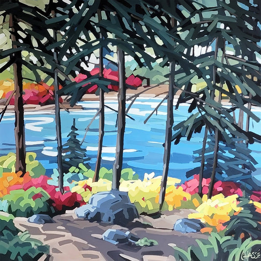 Martine Chassé Oeuvre original - Peinture 40x40 Sous-bois près du lac 2
