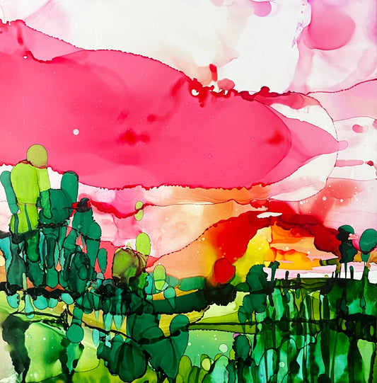 Stéphanie H. Oeuvre original - Techniques mixtes 12x12 Les braises du ciel flamand
