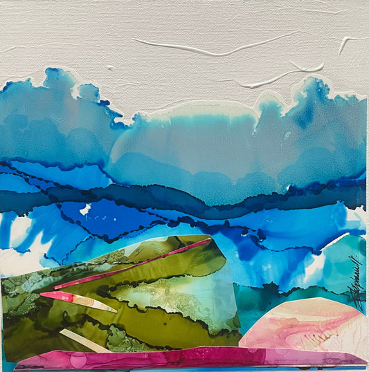 Stéphanie H. Oeuvre original - Techniques mixtes 12x12 The mountains are calling