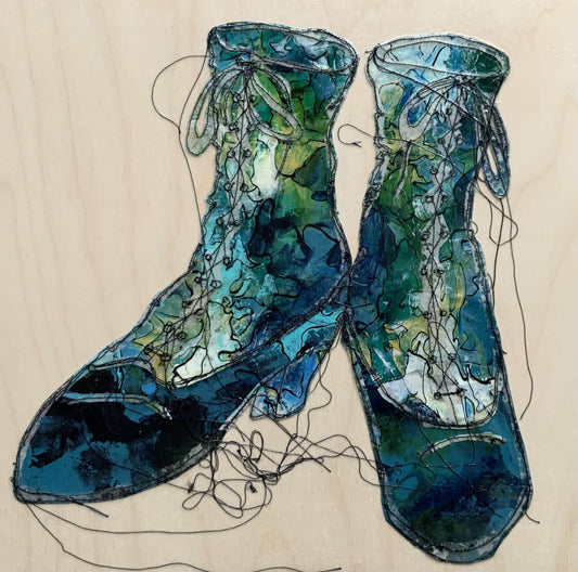 Sylvie Lajoie Oeuvre original - Techniques mixtes 14x14 Souliers No 3