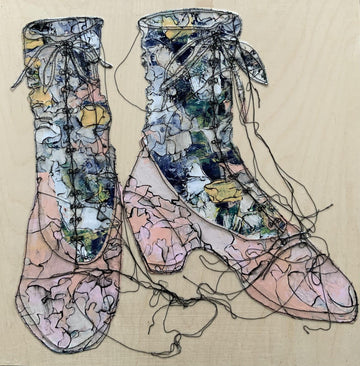 Sylvie Lajoie Oeuvre original - Techniques mixtes 14x14 Souliers No 4