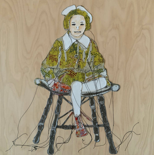 Sylvie Lajoie Oeuvre original - Techniques mixtes 24x24 Sur un banc, perchée