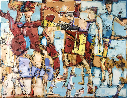 Bauçan Oeuvre original - Peinture 44x56 Deux femmes en robe d'amour dansant dans un ciel bleu
