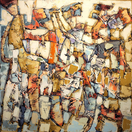 Bauçan Oeuvre original - Peinture 60x60 La danse des semeuses de blé se fait les pieds dans un ciel bleu