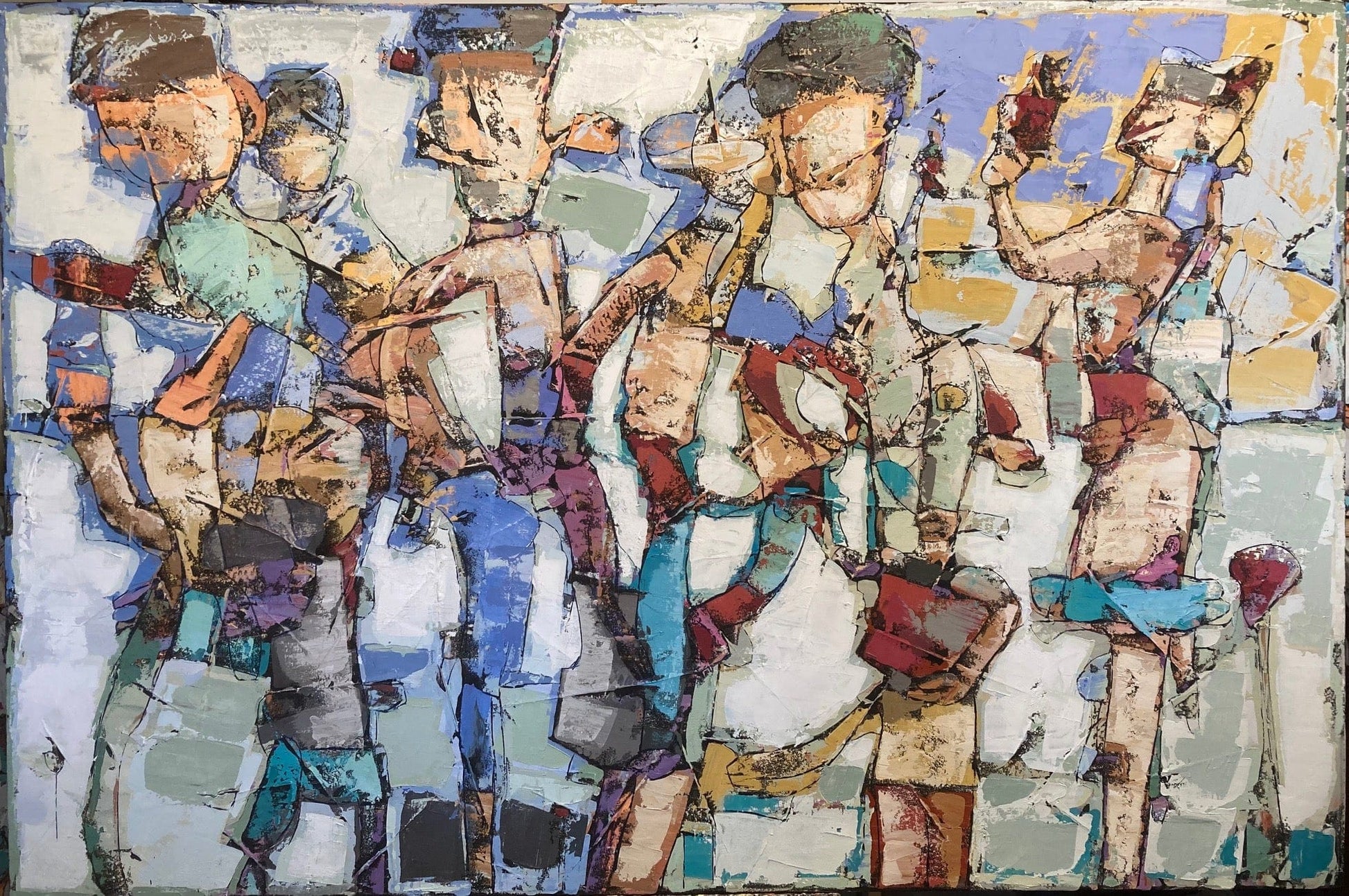 Bauçan Oeuvre original - Peinture 48x72 Une famille dans un jardin de lumière