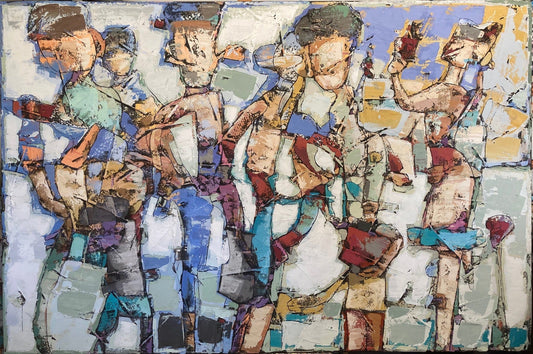 Bauçan Oeuvre original - Peinture 48x72 Une famille dans un jardin de lumière