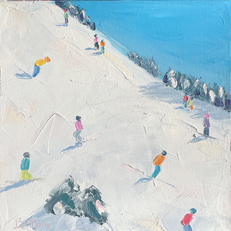 Bethany Harper Williams Oeuvre original - Peinture 12x12 Ski Days Blue Sky White Snow