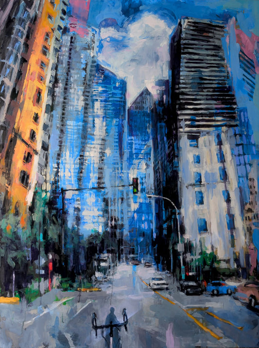 Jeremy Price Oeuvre original - Peinture 48x36 Guillaume Voghel Like To Bike Around Tall Buildings