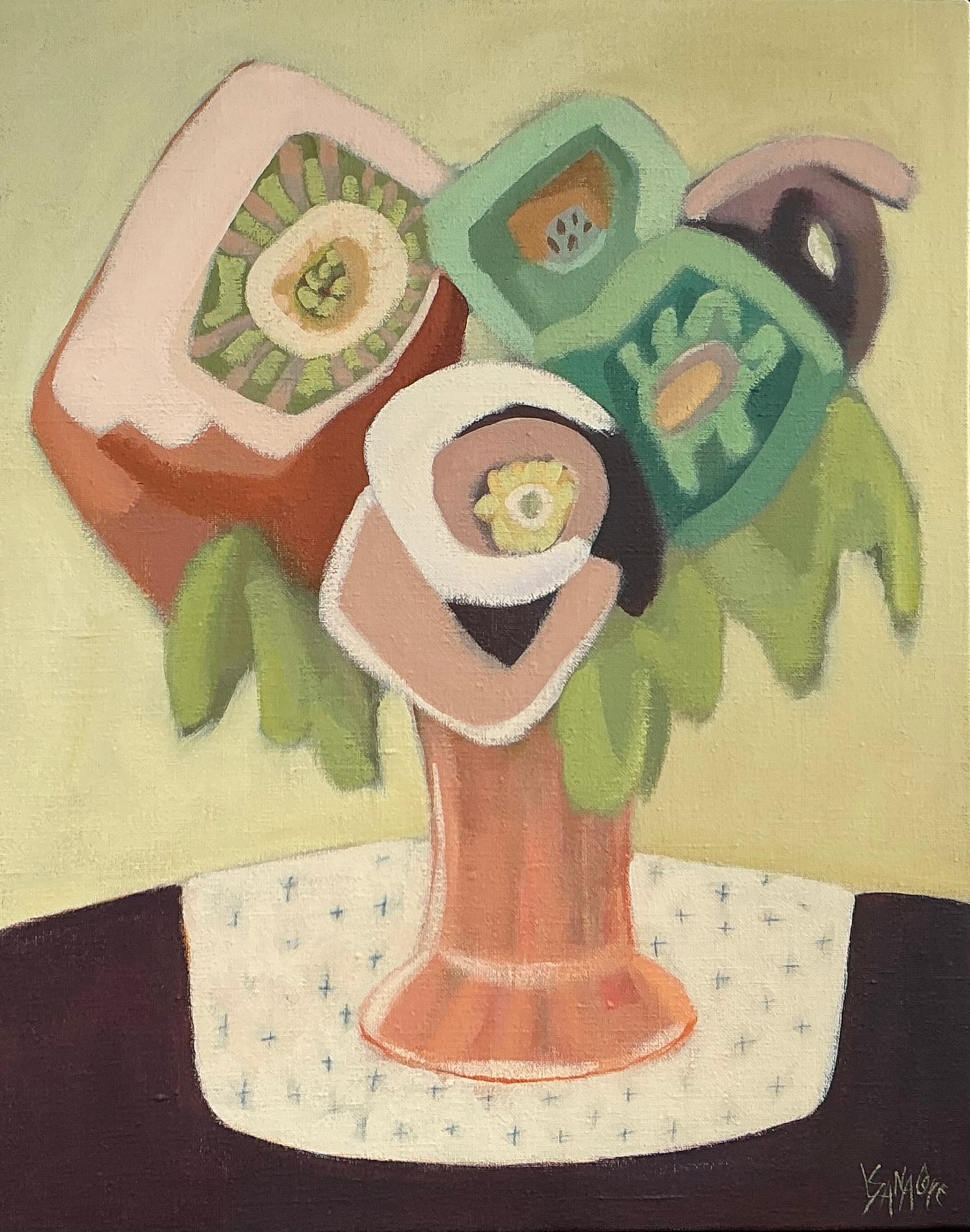 Luce Sanacore Oeuvre original - Peinture 20x16 Fleurs sur napperon brodé