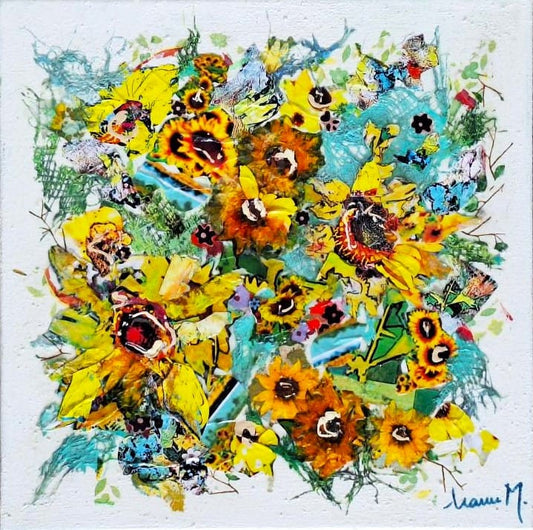 Manuela Moldovan Oeuvre original - Techniques mixtes 12x12 Mini Sunflowers
