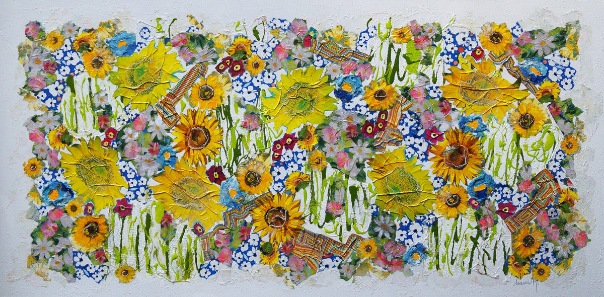 Manuela Moldovan Oeuvre original - Techniques mixtes 24x48 Walking in the Garden with Sunflowers 1