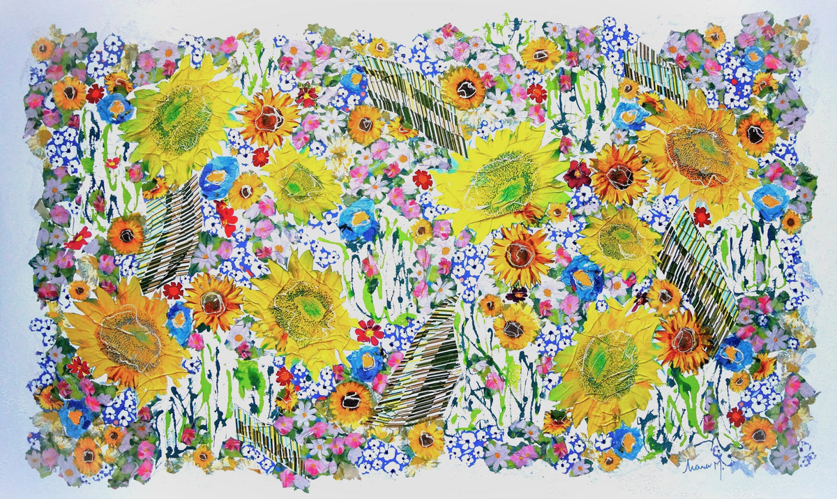 Manuela Moldovan Oeuvre original - Techniques mixtes 36x60 Walking in the Garden with Sunflowers 2