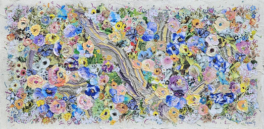 Manuela Moldovan Oeuvre original - Techniques mixtes 24x48 WALKING IN THE LAVENDER GARDEN