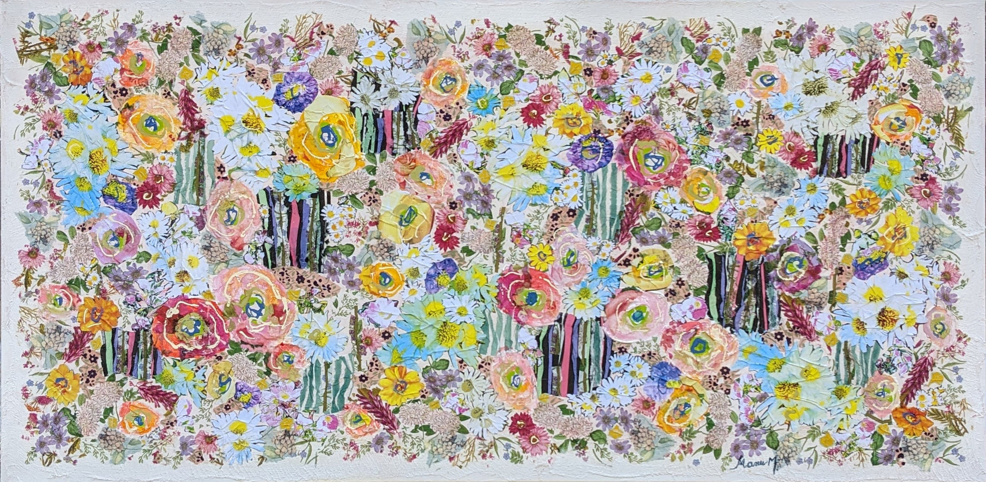 Manuela Moldovan Oeuvre original - Techniques mixtes 24x48 WALKING IN THE WILDFLOWERS GARDEN