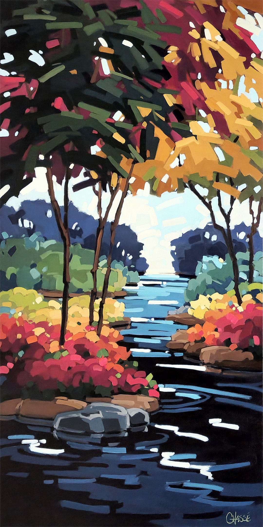 Martine Chassé Oeuvre original - Peinture 60x30 Bercé par les eaux de la rivière