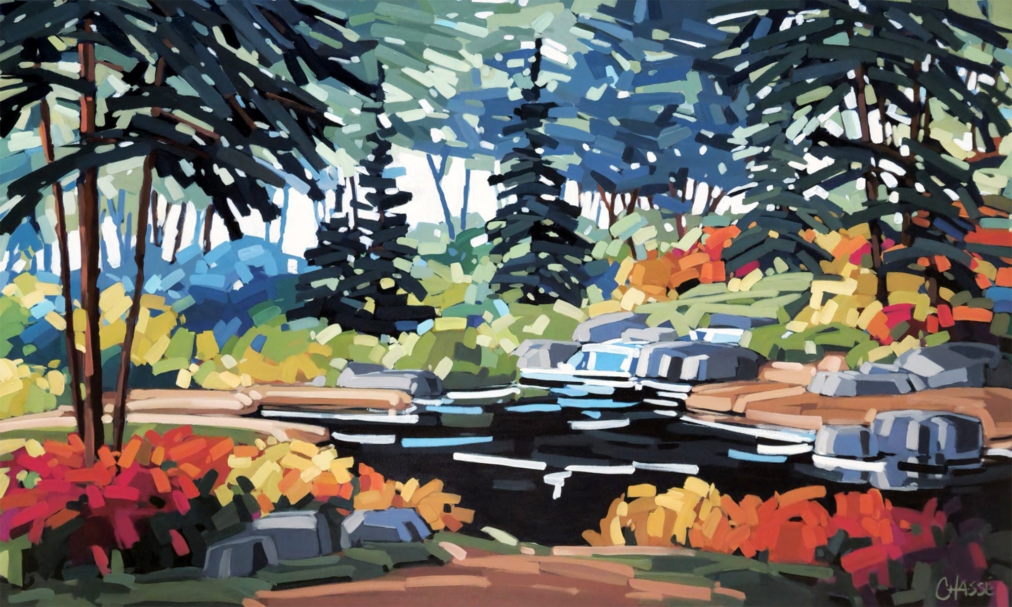 Martine Chassé Oeuvre original - Peinture 36x60 L'étang intérieur