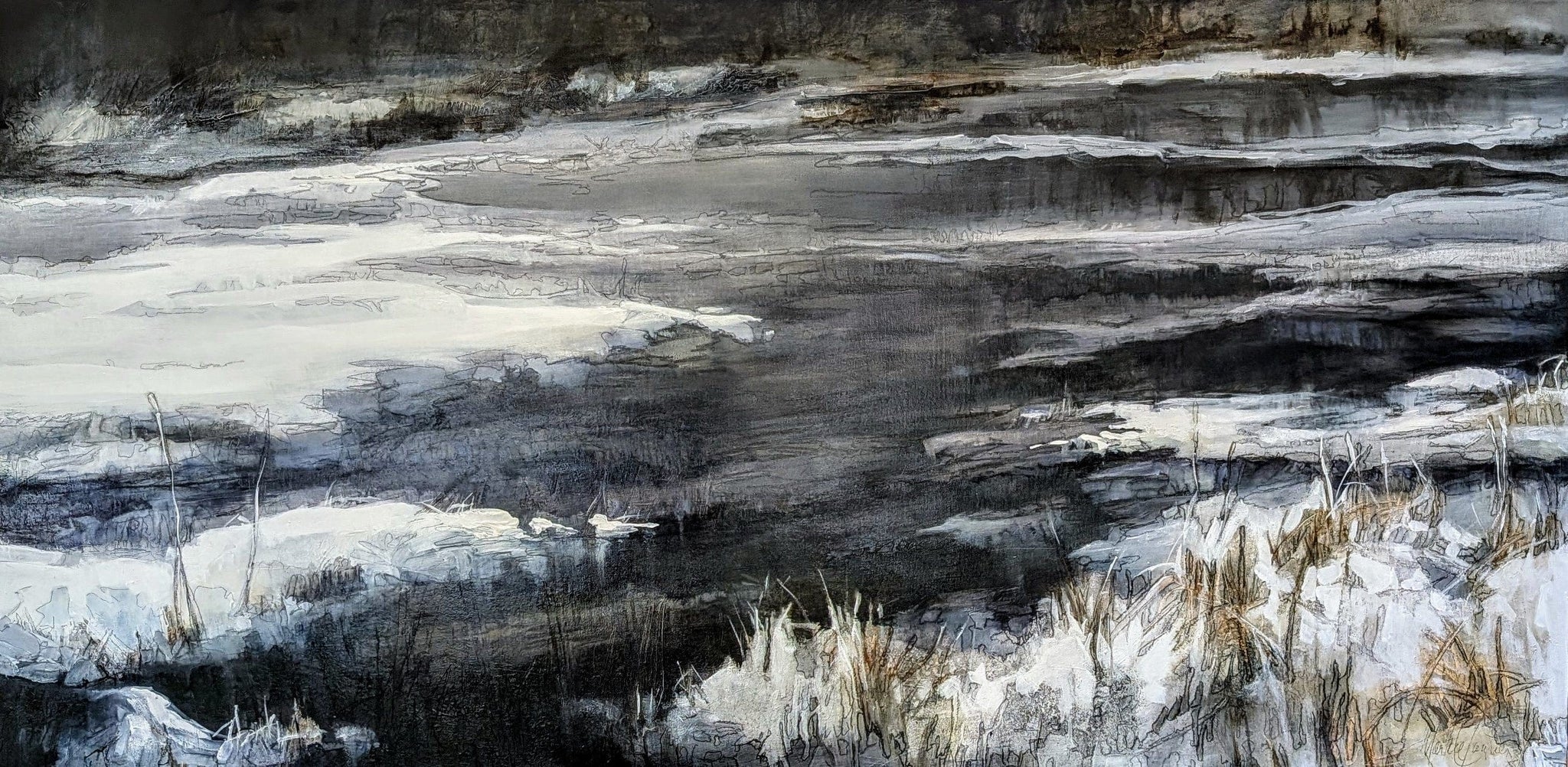 Martine Cloutier Oeuvre original - Peinture 30x60 Champ et rivière