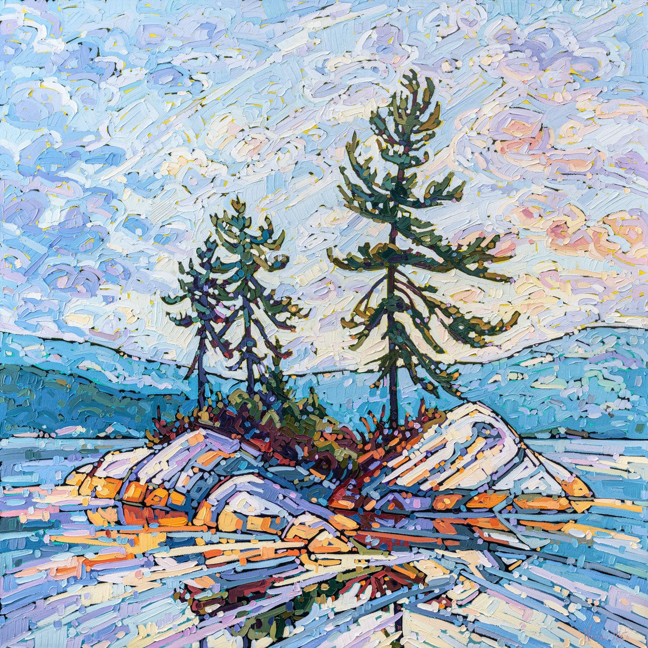 Noémie L. Côté Oeuvre original - Peinture 40x40 Rocky Island Awakens At Dawn