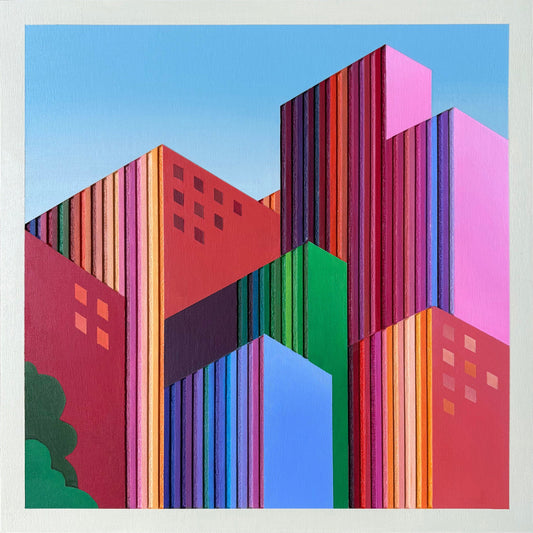 Patrick Déziel Oeuvre original - Techniques mixtes 12x12 Colorful City 2