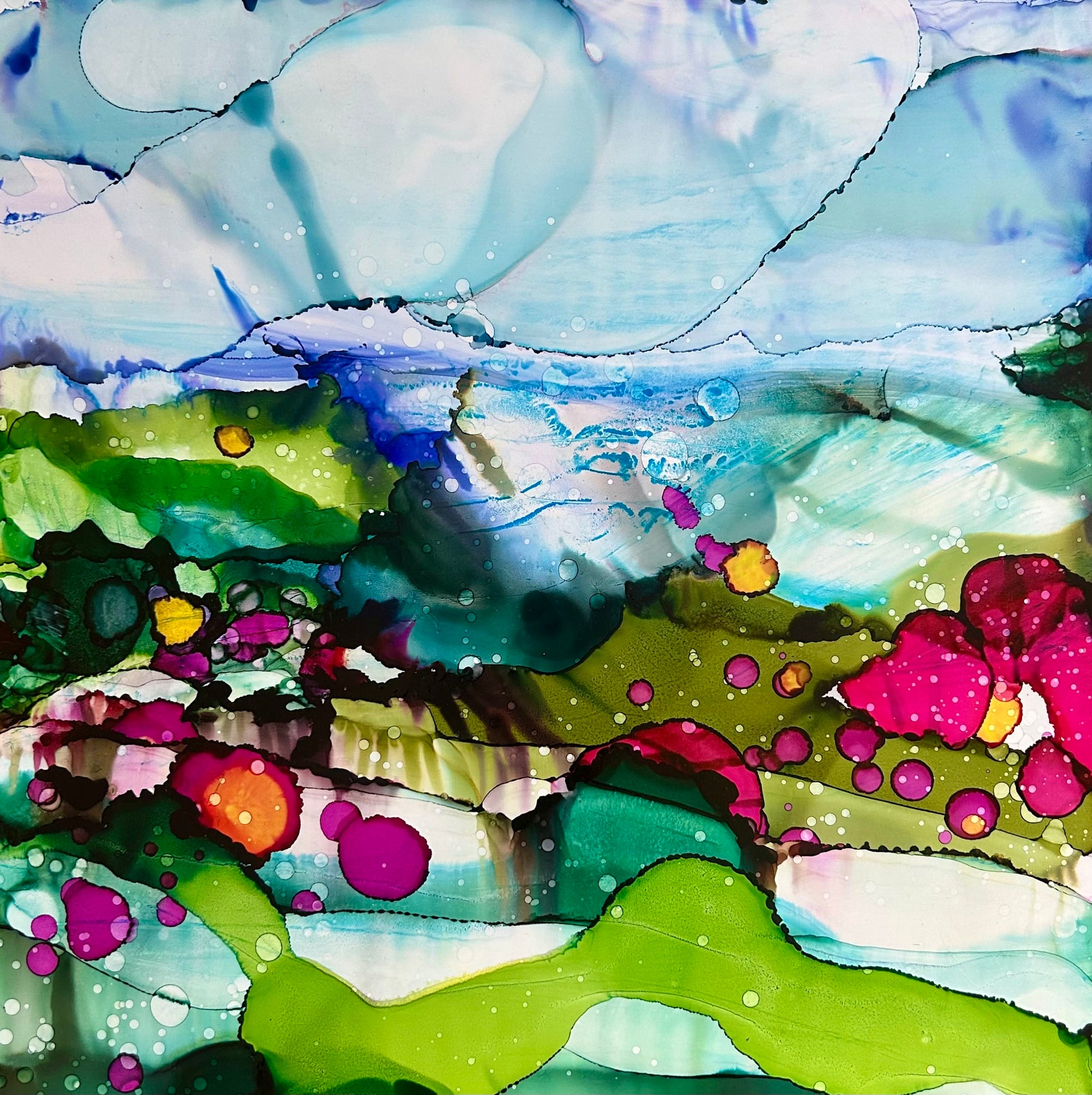 Stéphanie H. Oeuvre original - Techniques mixtes 12x12 Décor tumultueux
