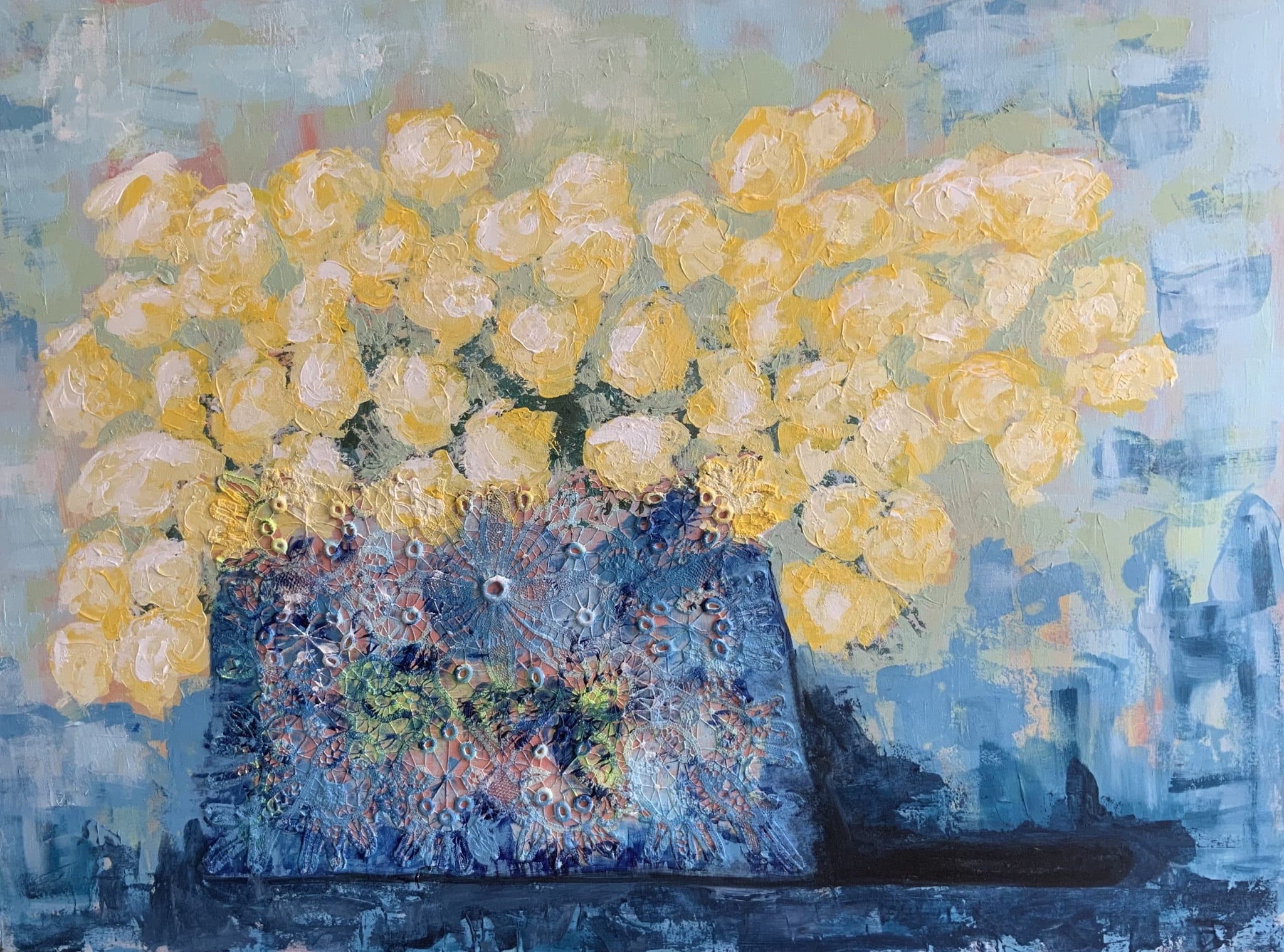 Sylvie Lajoie Oeuvre original - Peinture 30x40 Fleurs et dentelles