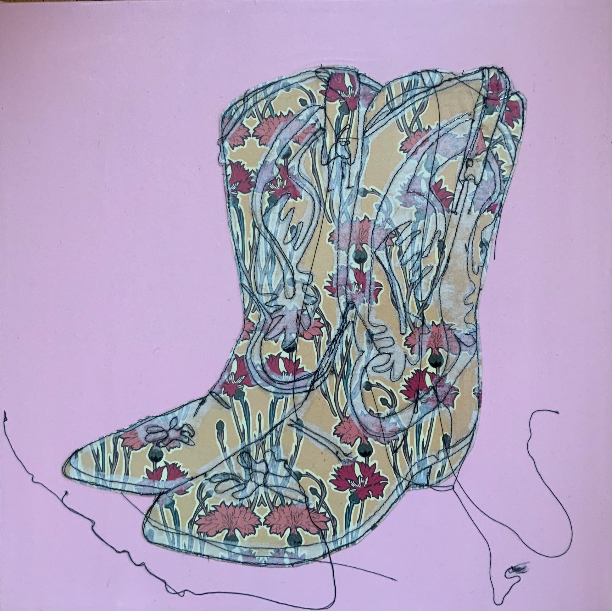 Sylvie Lajoie Oeuvre original - Peinture 16x16 Mes bottes de cowboy