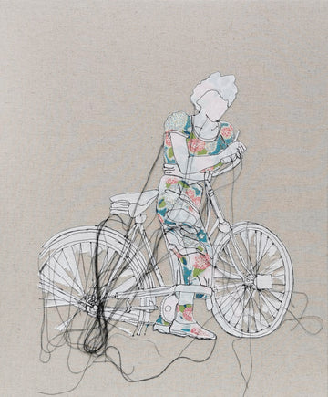 Sylvie Lajoie Oeuvre original - Techniques mixtes 24x20 La bicyclette