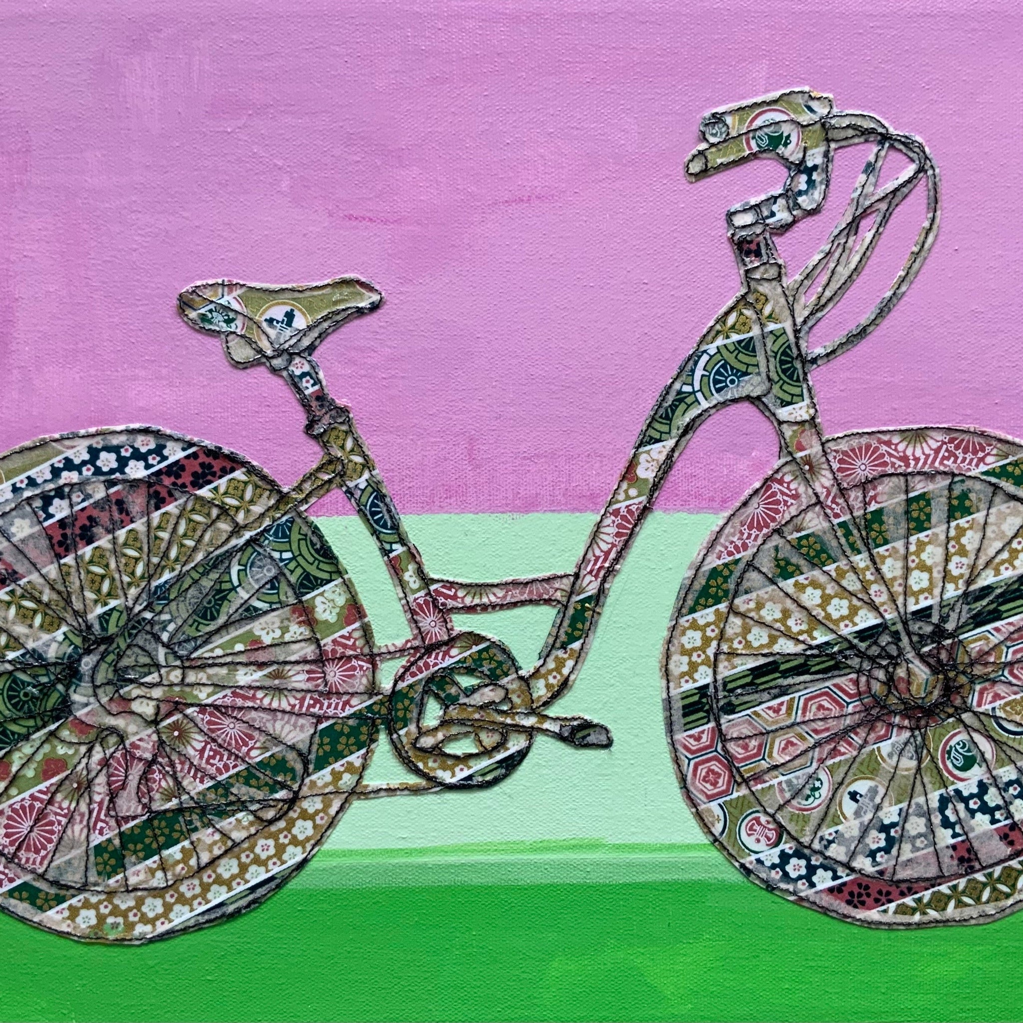 Sylvie Lajoie Oeuvre original - Techniques mixtes 12x16 La bicyclette rose