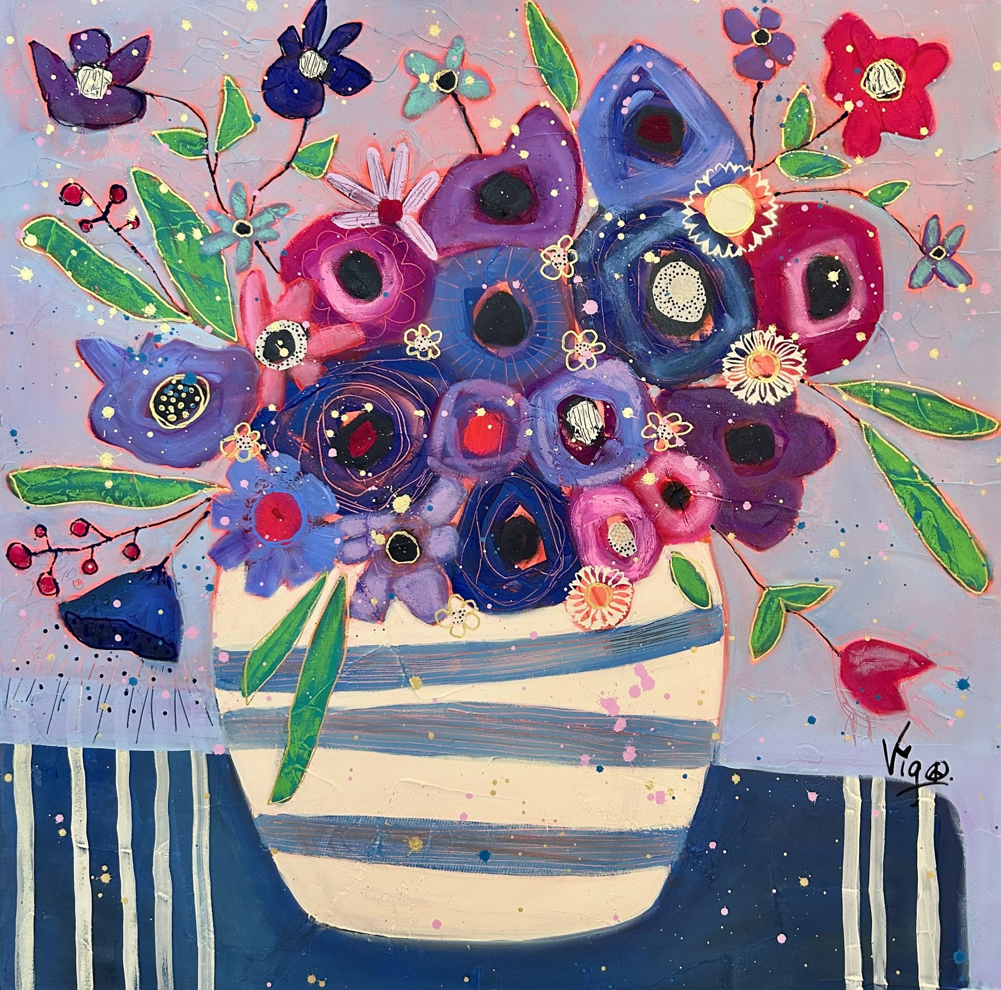 Vigo Oeuvre original - Peinture 30x30 Elle écoute pousser les fleurs
